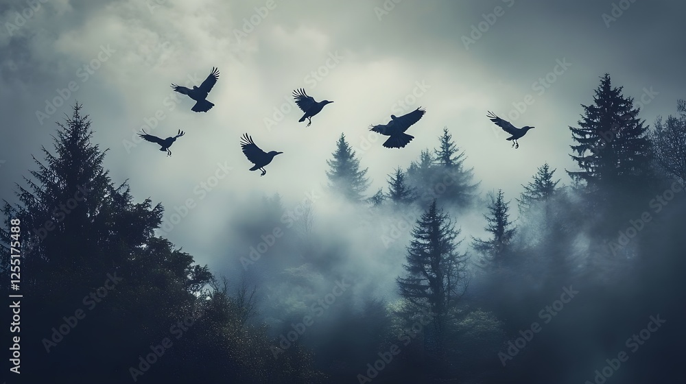 A flock of crows taking flight above a dark and moody forest. A flock of crows taking flight above a dark and moody forest.