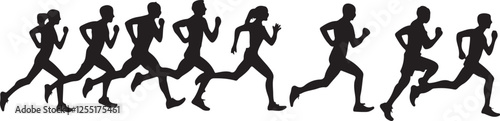 A dynamic, black and white silhouette image of several people running.