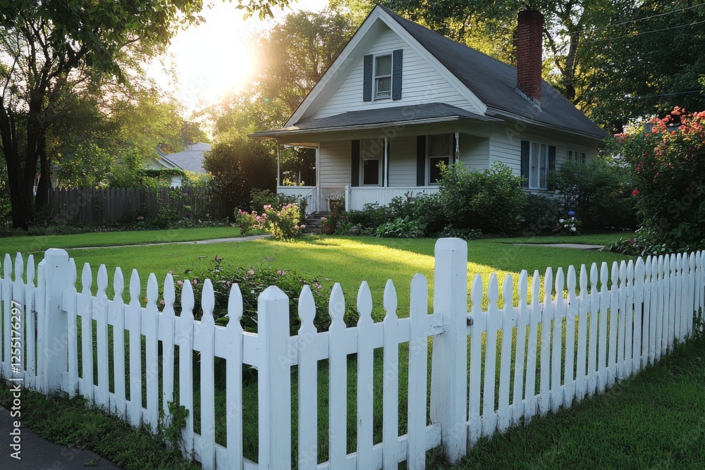 White picket fence surrounding a cozy countryside home White picket fence surrounding a cozy countryside home