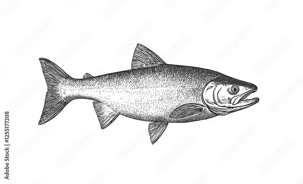 Obraz premium Fish sketch salmon trout. Vintage retro print, black white salmon trout fish sketch ink pencil style drawing, linear drawing, engrave old school. Sketch artwork salmon trout fish. Illustration