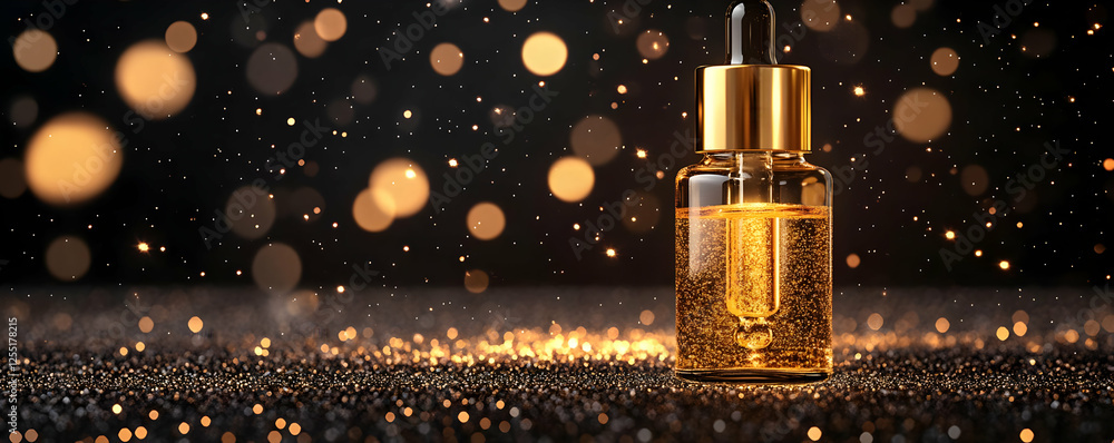 Gold serum bottle, glitter, bokeh Gold serum bottle, glitter, bokeh