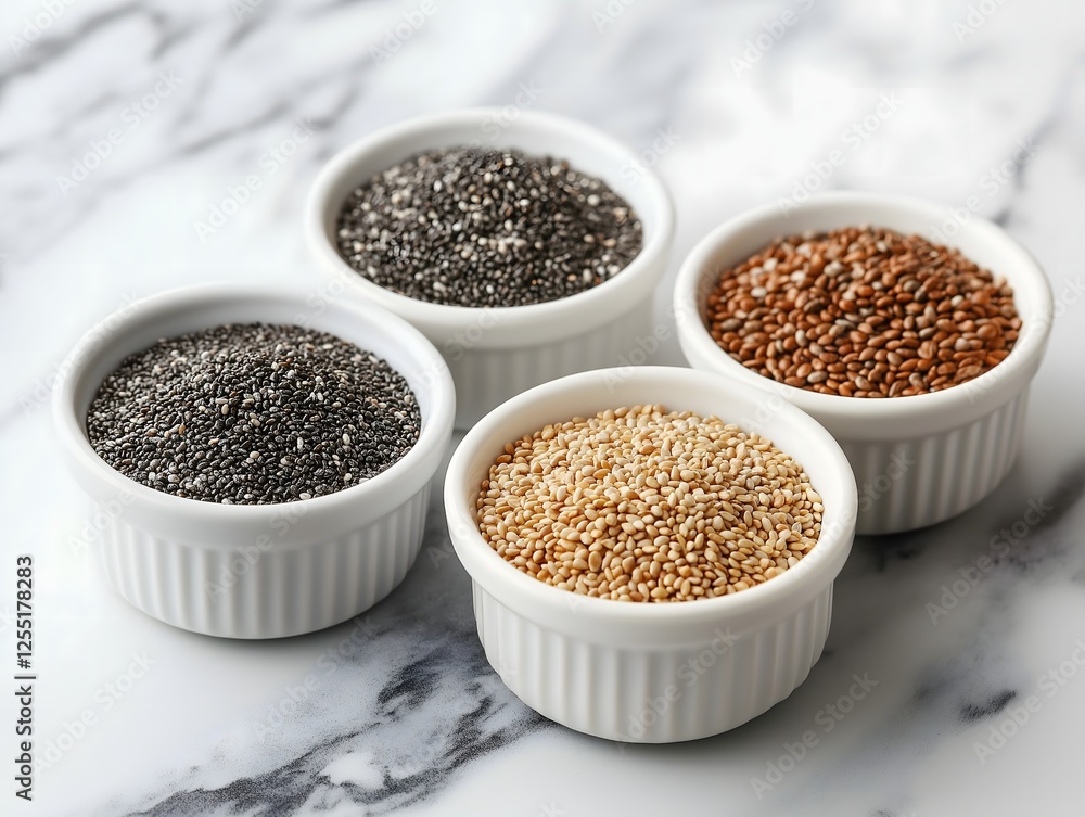 Assorted superfood seeds in bowls on marble: chia, sesame, flax. Assorted superfood seeds in bowls on marble: chia, sesame, flax.