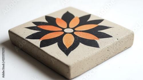 Decorative concrete tile, abstract flower design, studio shot photo