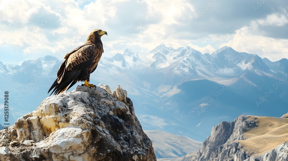 Fototapeta premium A golden eagle perched on a rocky ledge, surveying a vast mountain range.