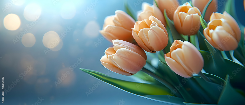 Obraz premium Peach tulips bouquet, bokeh background, greeting card