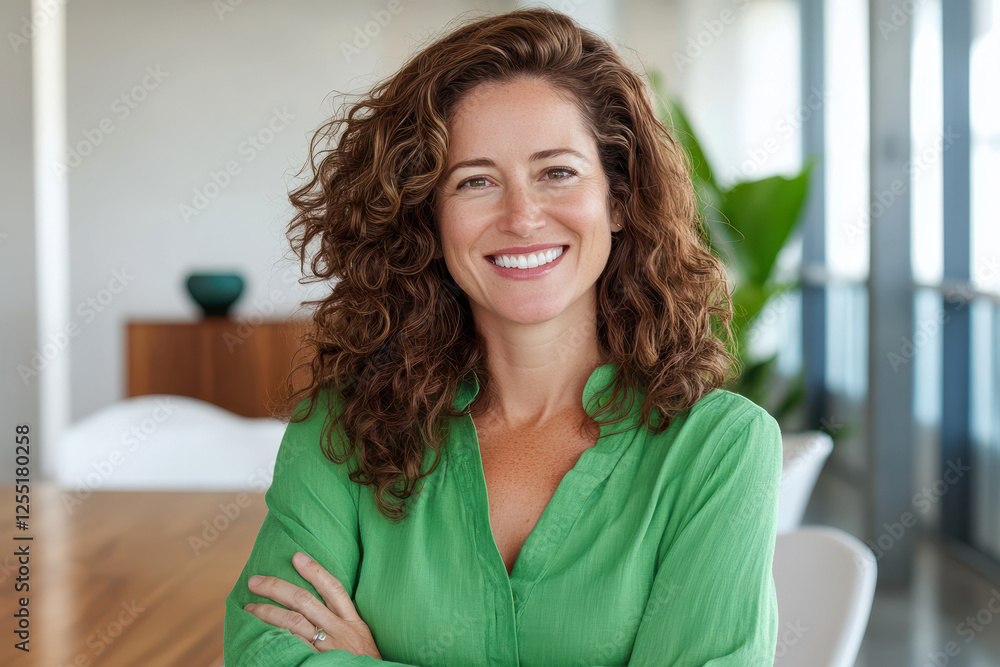 Smiling woman in green blouse standing confidently in bright modern interior Smiling woman in green blouse standing confidently in bright modern interior