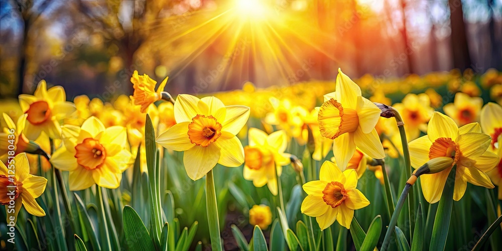 Obraz premium Golden daffodils bloom in a tranquil spring garden, a panoramic view of springtime beauty.