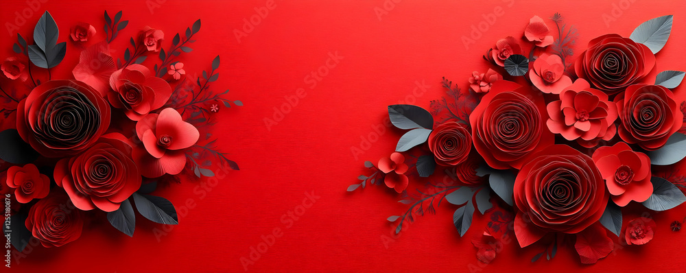 Red paper flowers banner, red background Red paper flowers banner, red background
