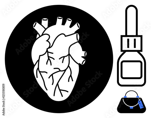 Anatomical heart diagram inside a black circle, nail polish bottle, and handbag with blue accents. Ideal for health awareness, medical topics, fashion, lifestyle, beauty wellness self-care. Black