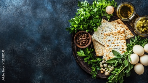 A beautifully arranged Passover Seder plate with matzo, bitter herbs, and traditional symbolic foods photo