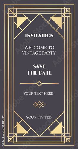 Golden frame adorned with intricate art deco ornaments sets the stage for a vintage party, inviting guests to save the date for an elegant celebration filled with glamour