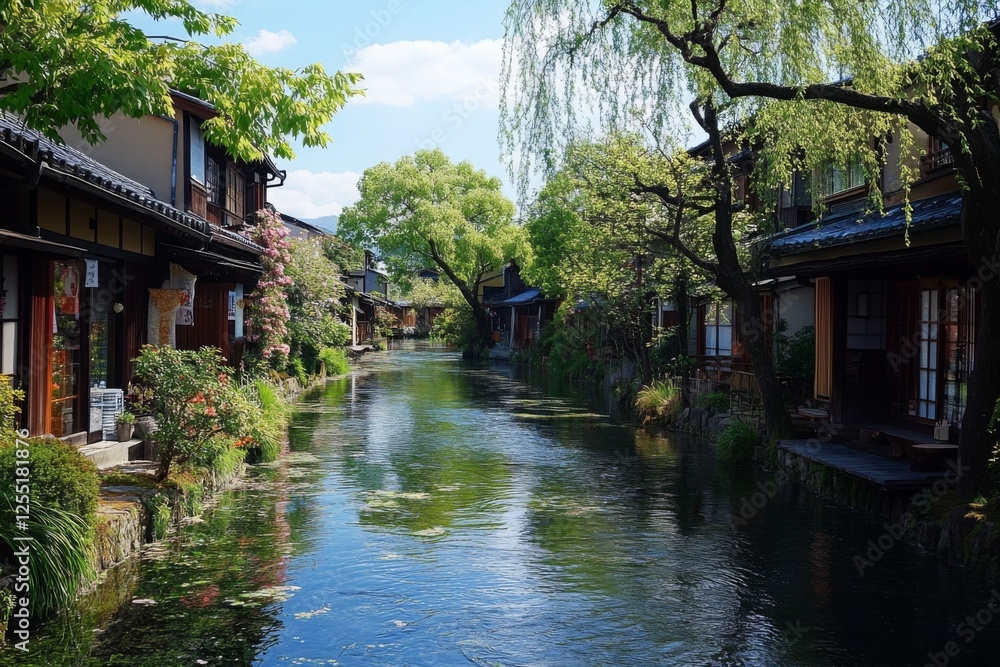Idyllic river surrounded by traditional wooden houses Idyllic river surrounded by traditional wooden houses