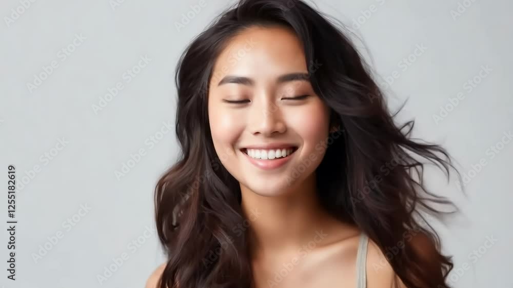 Close-up portrait of a young woman with long wavy hair, smiling with natural beauty and happiness, looking confident and joyful against a neutral background, perfect for lifestyle and beauty concepts Close-up portrait of a young woman with long wavy hair, smiling with natural beauty and happiness, looking confident and joyful against a neutral background, perfect for lifestyle and beauty concepts