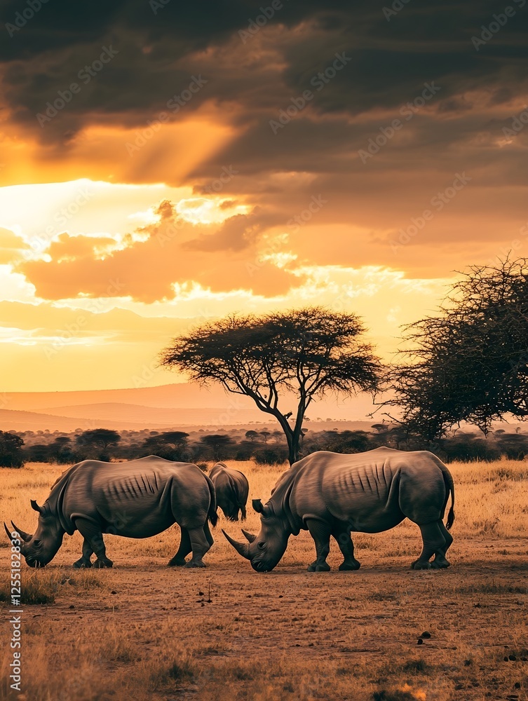 Fototapeta premium A group of rhinos grazing near acacia trees, the golden light of dawn washing over them.