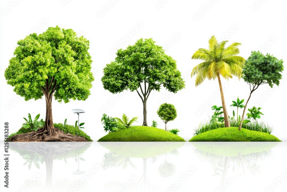 Fototapeta premium Diverse tree varieties and plants natural landscape digital illustration vibrant environment aesthetic viewpoint