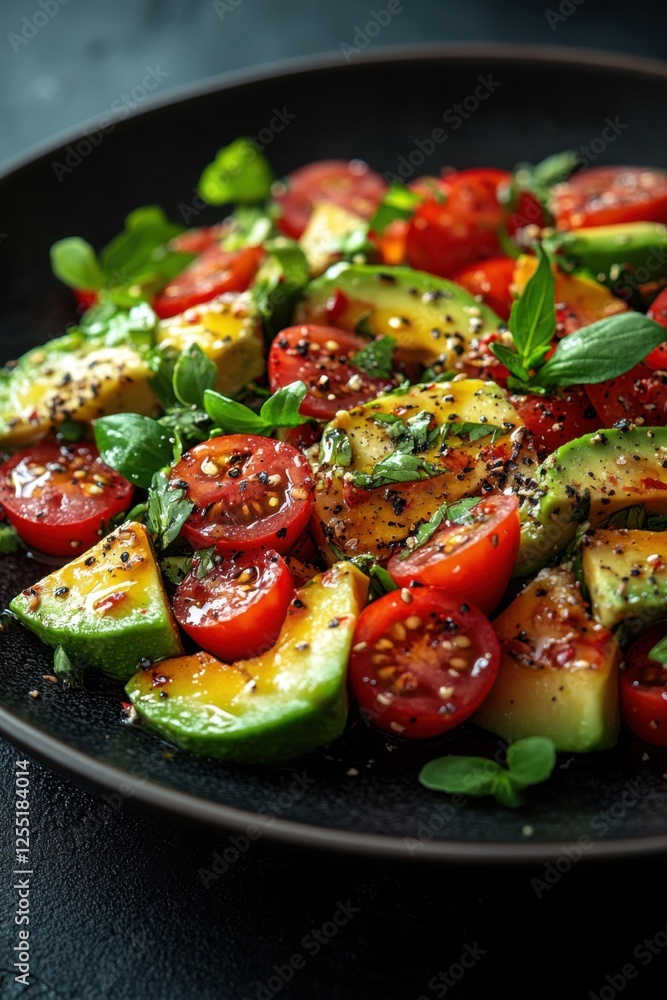 Fresh avocado and cherry tomato salad with basil and black pepper on a dark plate Fresh avocado and cherry tomato salad with basil and black pepper on a dark plate