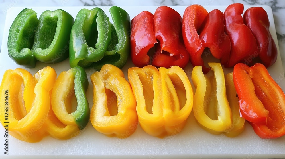 A colorful mix of fresh bell peppers cut into slices and arranged on a white cutting board A colorful mix of fresh bell peppers cut into slices and arranged on a white cutting board