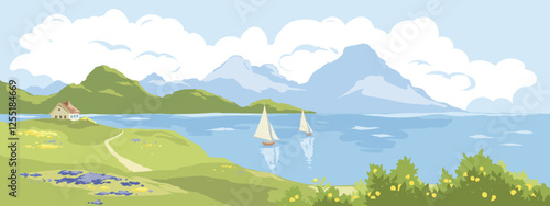 Seascape with a house, sailboats and a citrus garden in the foreground. Vector illustration in watercolor style.