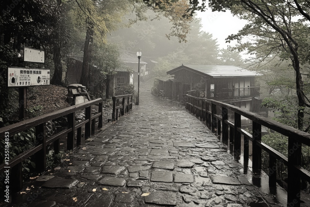 Obraz premium Foggy street with wooden houses and a nostalgic atmosphere