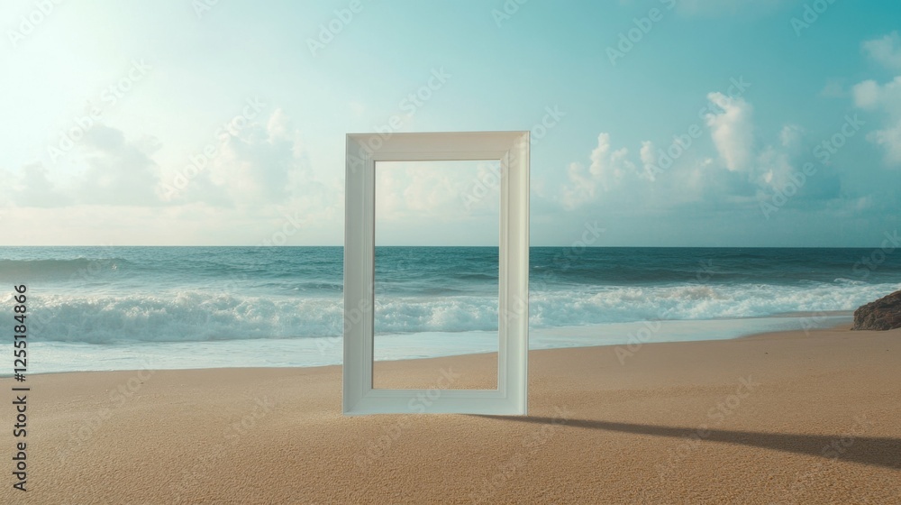 Abstract frame on a sandy beach with ocean in the background, soft natural light, isolated with a surreal and artistic vibe, serene and contemplative Abstract frame on a sandy beach with ocean in the background, soft natural light, isolated with a surreal and artistic vibe, serene and contemplative