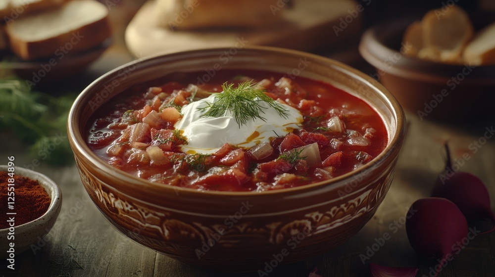A comforting bowl of Russian borscht soup with beets, sour cream, and fresh dill in a ceramic bowl