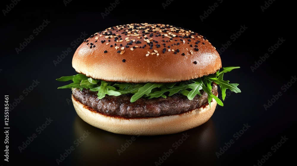 A dark and moody gourmet burger with Wagyu beef, black truffle aioli, arugula, and a brioche bun A dark and moody gourmet burger with Wagyu beef, black truffle aioli, arugula, and a brioche bun