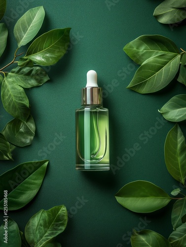 Green serum bottle surrounded by lush leaves on a dark green surface. Generative AI