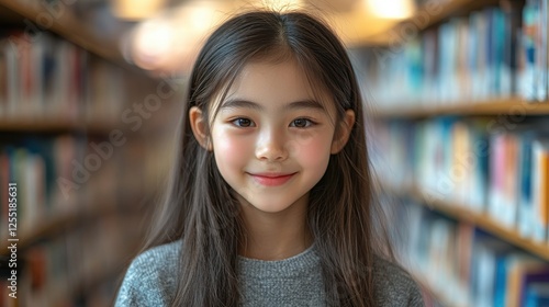 back to school portrait of happy asian schoolgirl reading book in library education concept