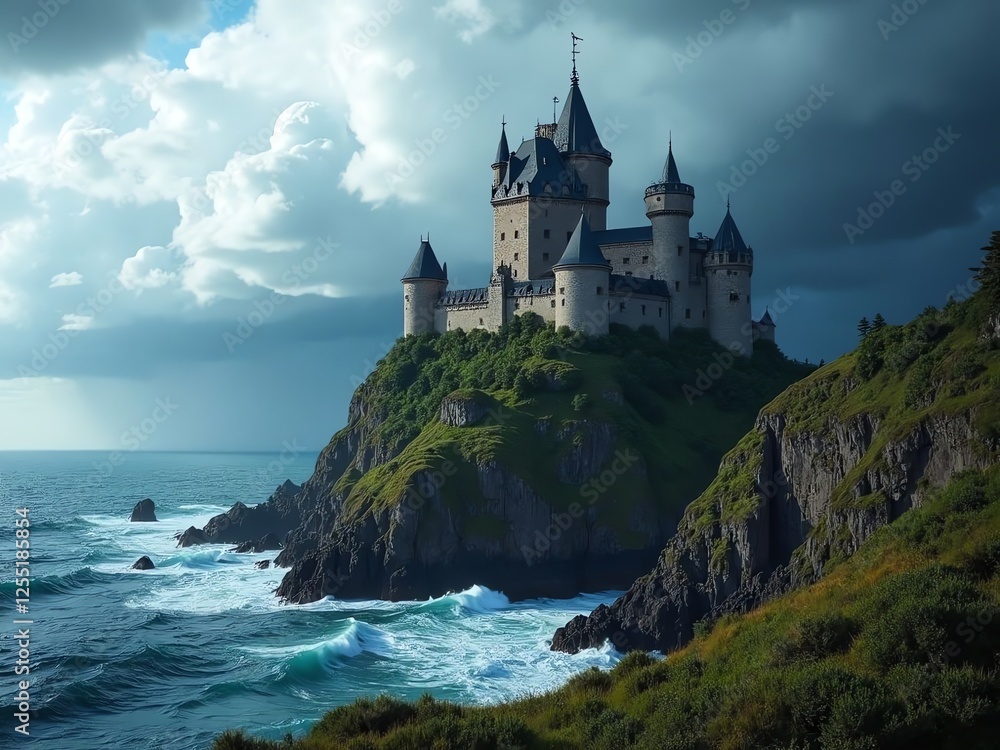 A medieval castle perched on a cliff overlooking the ocean, with dramatic storm clouds gathering overhead A medieval castle perched on a cliff overlooking the ocean, with dramatic storm clouds gathering overhead
