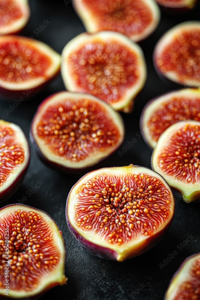 Freshly sliced figs on a dark background highlighting juicy textures
