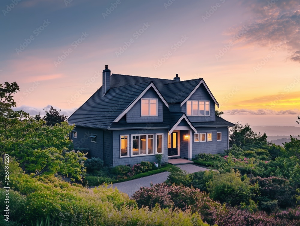 Beautiful modern house surrounded by lush greenery at sunset. Generative AI Beautiful modern house surrounded by lush greenery at sunset. Generative AI