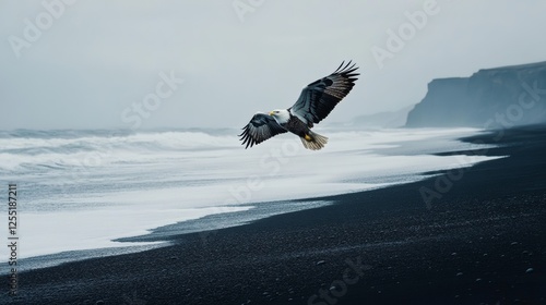 6h a white head eagle flying over a black sand beach  photo