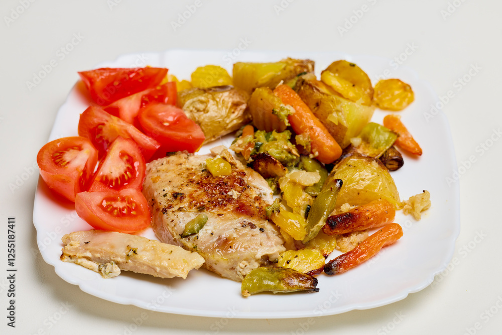 Portion of Pork Chop with Mediterranean Vegetables on a Plate Portion of Pork Chop with Mediterranean Vegetables on a Plate