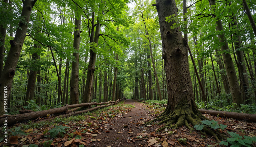 Fototapeta premium Forest path surrounded by tall trees in lush green scenery