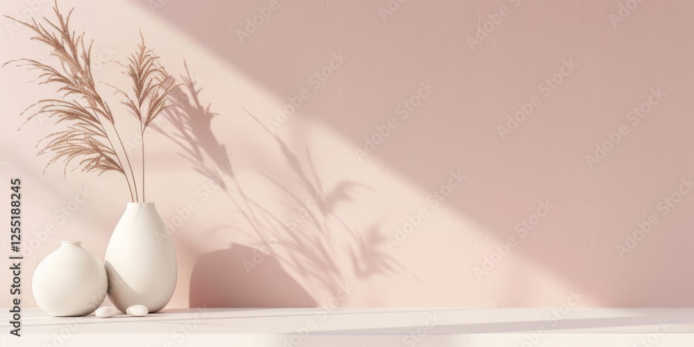 Fototapeta premium A minimalist aesthetic featuring a soft blush backdrop, Minimalist design elements arranged symmetrically, Modern minimalist style