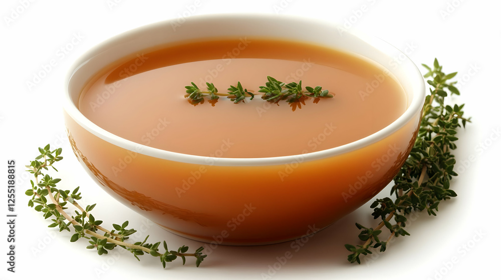 Broth bowl, thyme garnish, white background, recipe Broth bowl, thyme garnish, white background, recipe