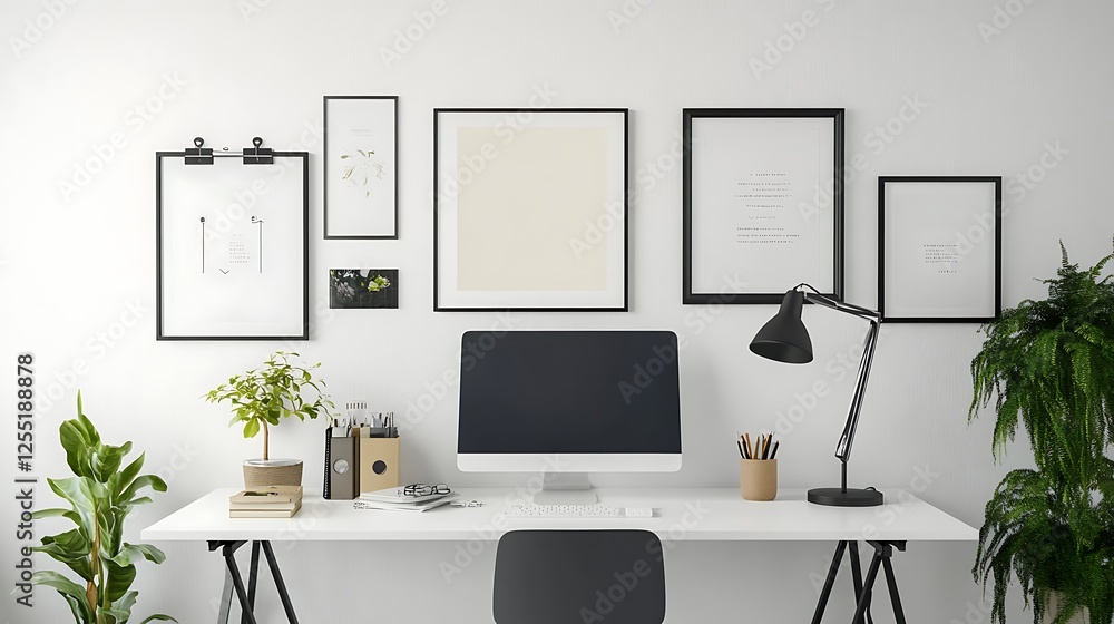 Fototapeta premium Modern Workspace with Blank Frame, Minimalist Style