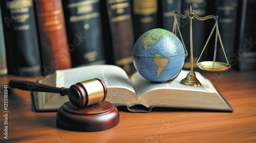 Law books, globe, scales of justice; legal concept; fair judgment; background of library books photo