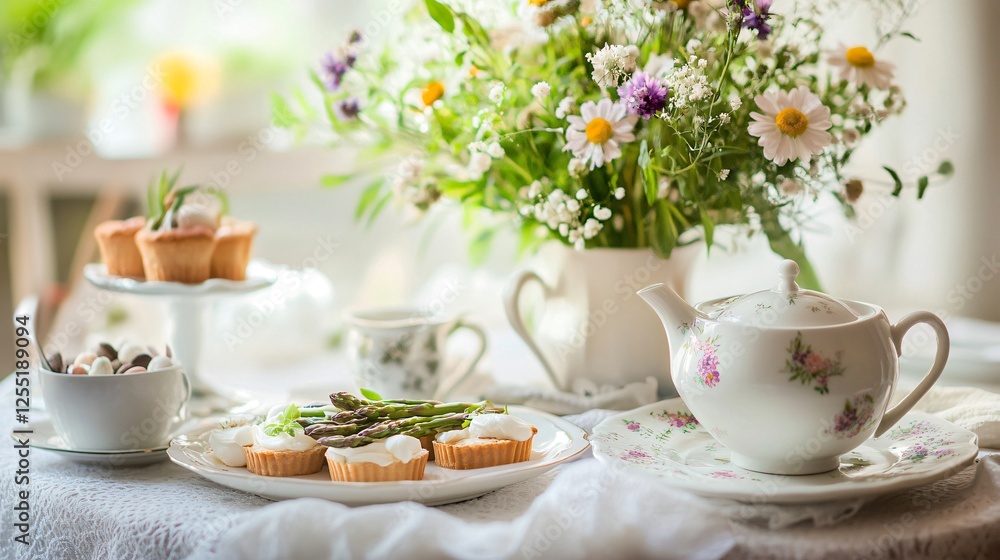 A charming Easter tea party setup with asparagus tart slices, delicate teacups, and a centerpiece of wildflowers A charming Easter tea party setup with asparagus tart slices, delicate teacups, and a centerpiece of wildflowers