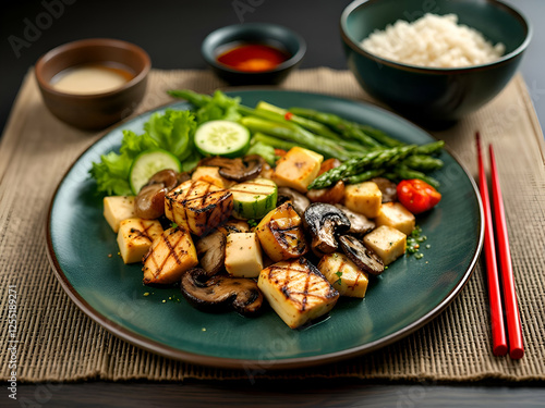 A beautifully plated dish featuring grilled tofu, mushrooms, asparagus, cherry tomatoes, and rice with dipping sauces. photo