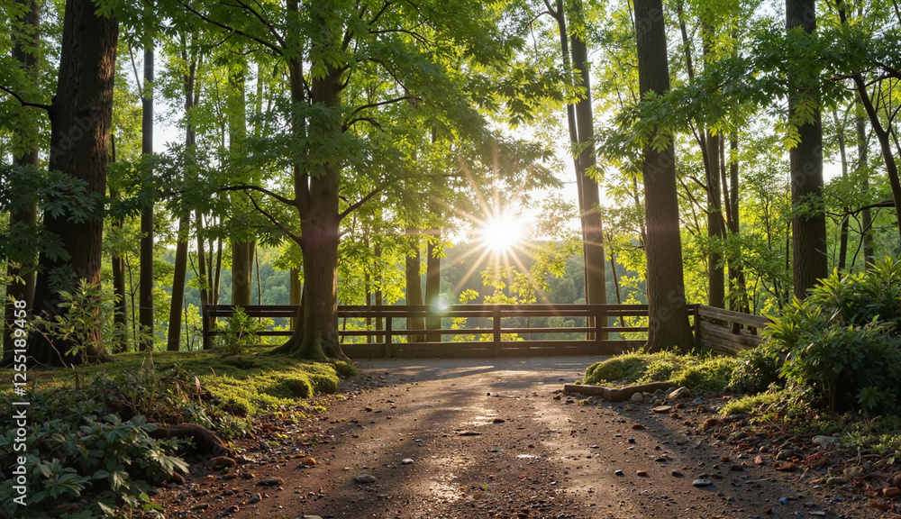Fototapeta premium Forest path with sunlight filtering through trees.