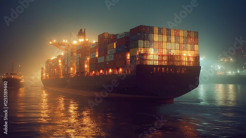 Massive container ship navigates a waterway at night, its cargo illuminated against the dark, misty backdrop of the cityscape.