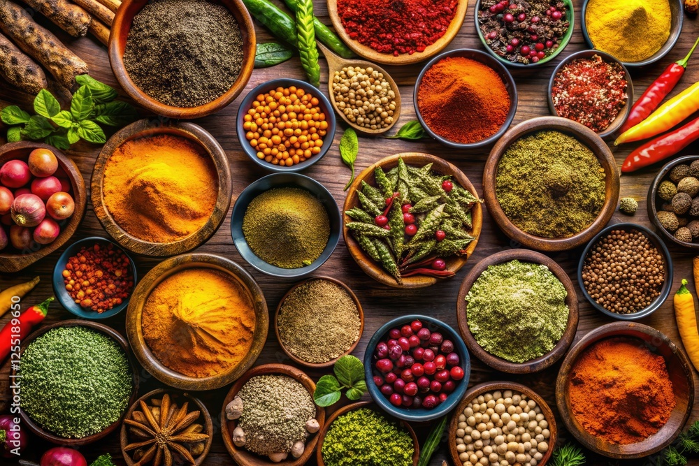 Overhead shots capture the vibrant colors and textures of diverse aromatic herbs and spices. Overhead shots capture the vibrant colors and textures of diverse aromatic herbs and spices.
