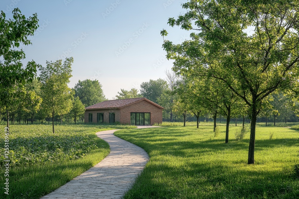 Paved pathway in a green park with scattered trees Paved pathway in a green park with scattered trees