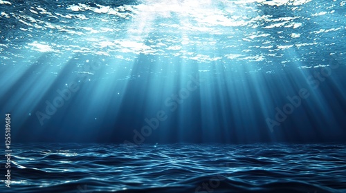 Sunbeams Penetrating Deep Blue Water with Dark Ocean Floor