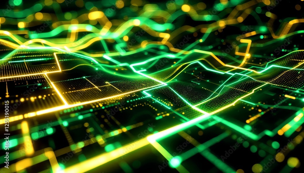 Obraz premium Data Flow Visualization Futuristic Digital Grid With Green and Yellow Light