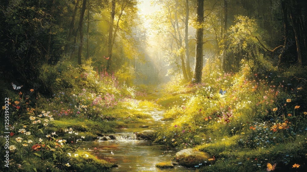 Sunlight Illuminates Mossy Forest Floor with Babbling Brook and Colorful Wildflowers Sunlight Illuminates Mossy Forest Floor with Babbling Brook and Colorful Wildflowers