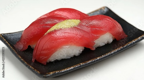 A plated gourmet sushi dish featuring otoro sashimi, uni, and edible gold flakes on a black ceramic plate photo