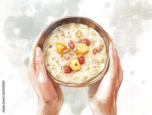 Hands holding bowl of sweet Pongal with cashew and jaggery artwork photo