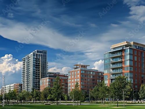 Modern buildings against a vibrant sky in a bustling urban development area. Generative AI photo